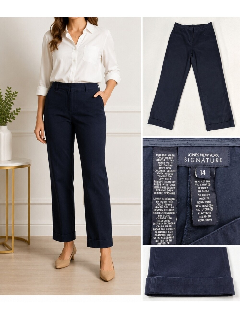 Jones New York Signature Women's Size 14 Navy Stretch Trouser Pants Cuffed